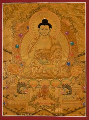Original Hand Painted Thangka Of Medicine Buddha Flanked By Bodhisattvas | 24K Gold Style